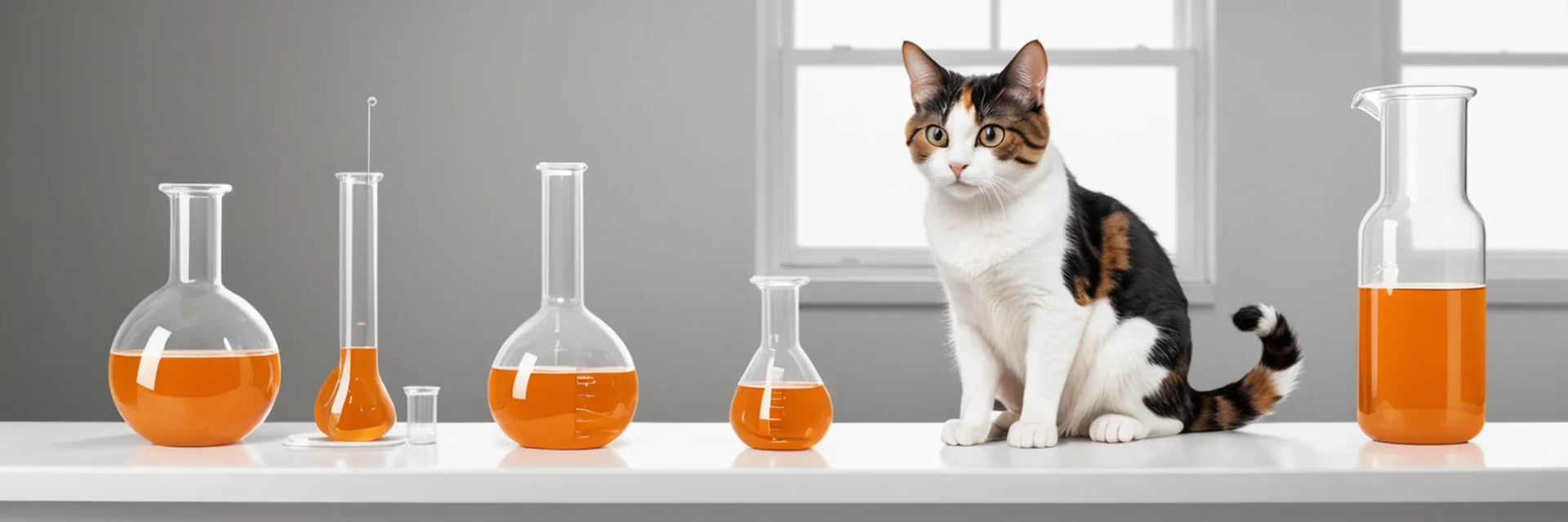 Laboratory documentation photograph: the calico specimen seated on a white bench beside glassware containing decanted portions